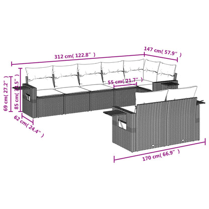 8-tlg. Garten-Sofagarnitur mit Kissen Hellgrau Poly Rattan