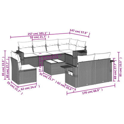 9-tlg. Garten-Sofagarnitur mit Kissen Hellgrau Poly Rattan