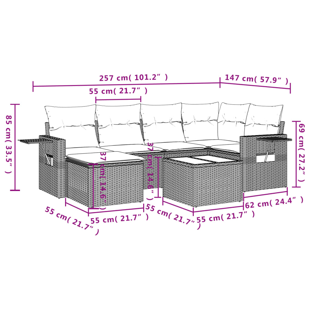 7-tlg. Garten-Sofagarnitur mit Kissen Hellgrau Poly Rattan