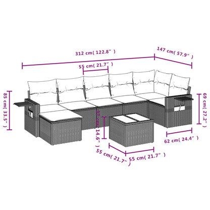 8-tlg. Garten-Sofagarnitur mit Kissen Hellgrau Poly Rattan