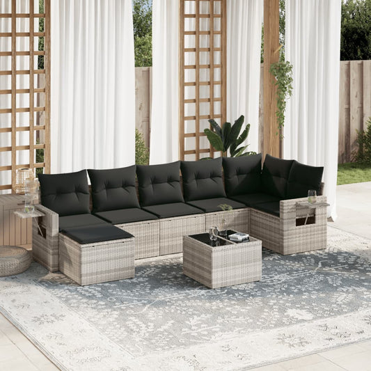 8-tlg. Garten-Sofagarnitur mit Kissen Hellgrau Poly Rattan