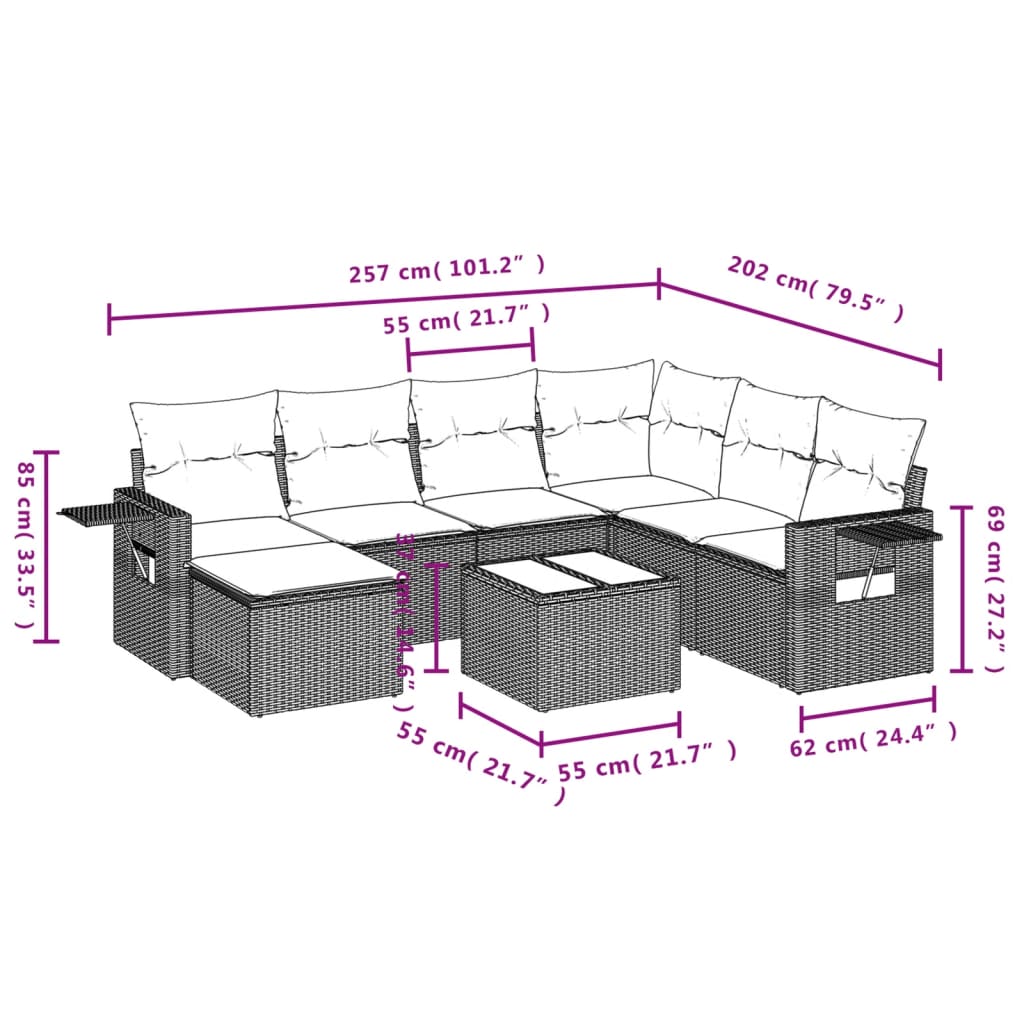 8-tlg. Garten-Sofagarnitur mit Kissen Hellgrau Poly Rattan