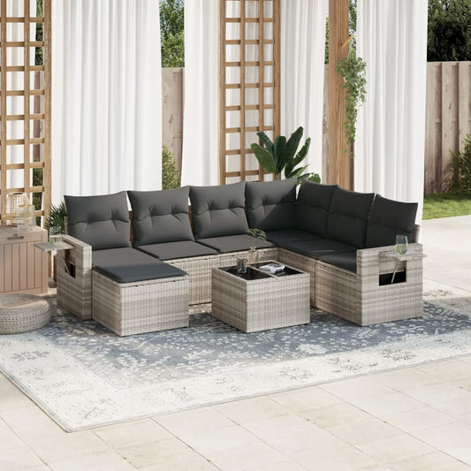 8-tlg. Garten-Sofagarnitur mit Kissen Hellgrau Poly Rattan