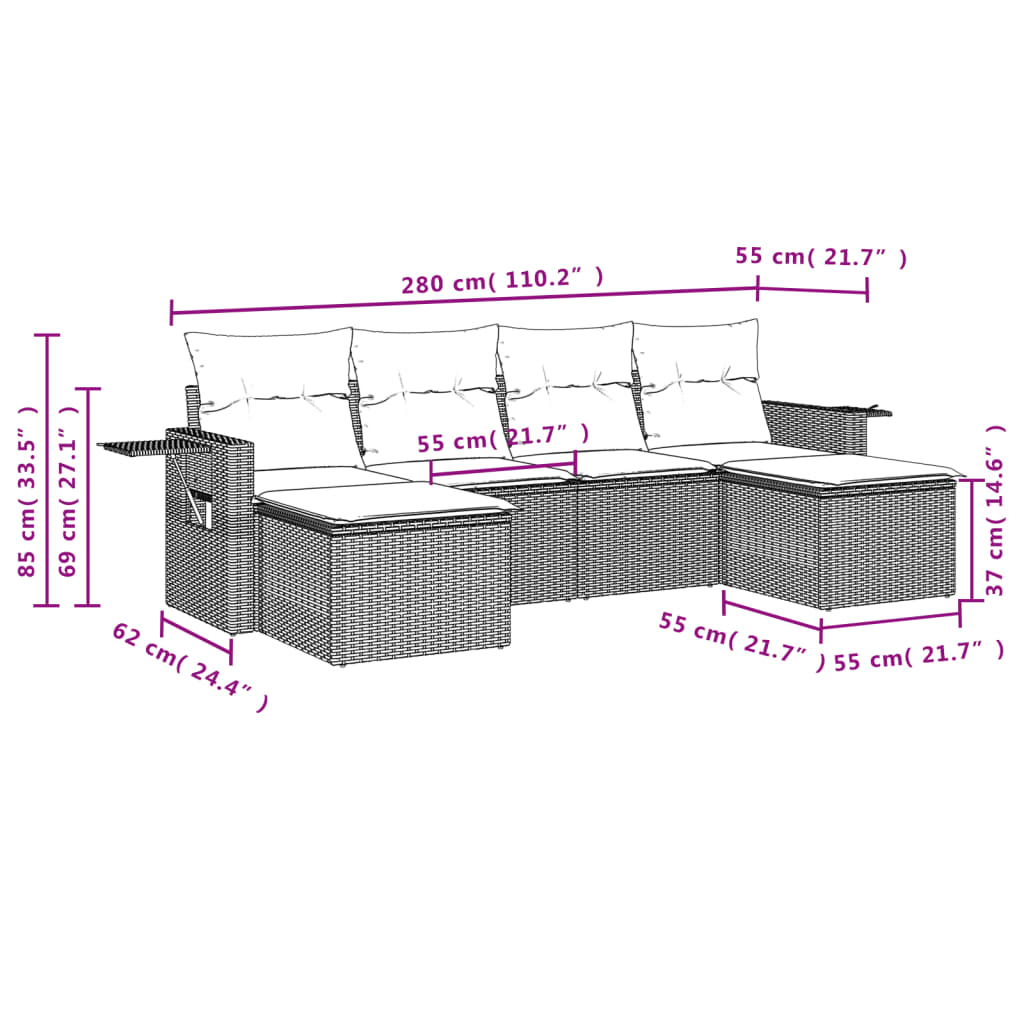 6-tlg. Garten-Sofagarnitur mit Kissen Hellgrau Poly Rattan