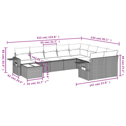 10-tlg. Garten-Sofagarnitur mit Kissen Hellgrau Poly Rattan