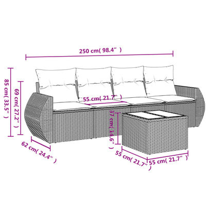 5-tlg. Garten-Sofagarnitur mit Kissen Hellgrau Poly Rattan