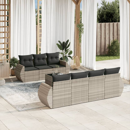 8-tlg. Garten-Sofagarnitur mit Kissen Hellgrau Poly Rattan