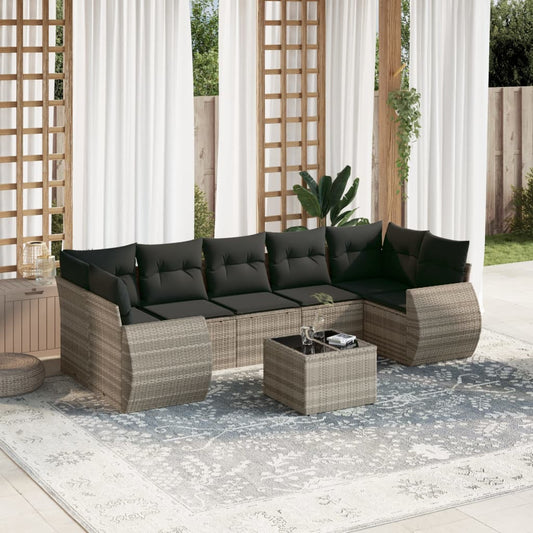 8-tlg. Garten-Sofagarnitur mit Kissen Hellgrau Poly Rattan