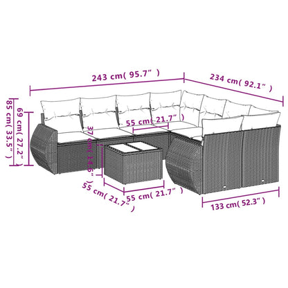 9-tlg. Garten-Sofagarnitur mit Kissen Hellgrau Poly Rattan