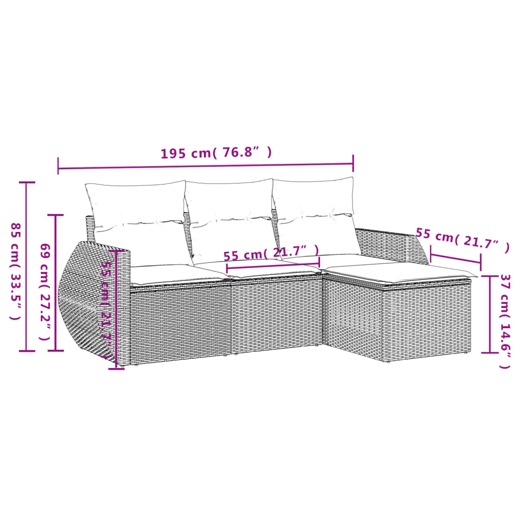 4-tlg. Garten-Sofagarnitur mit Kissen Hellgrau Poly Rattan