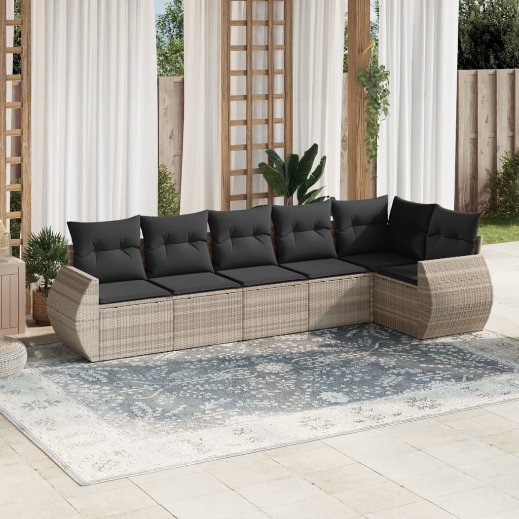 6-tlg. Garten-Sofagarnitur mit Kissen Hellgrau Poly Rattan