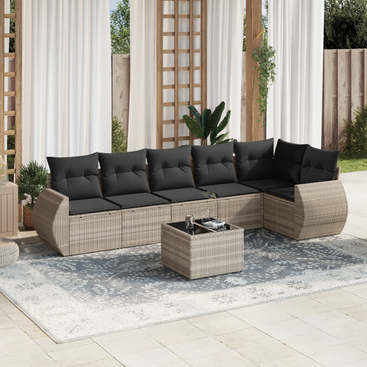 7-tlg. Garten-Sofagarnitur mit Kissen Hellgrau Poly Rattan