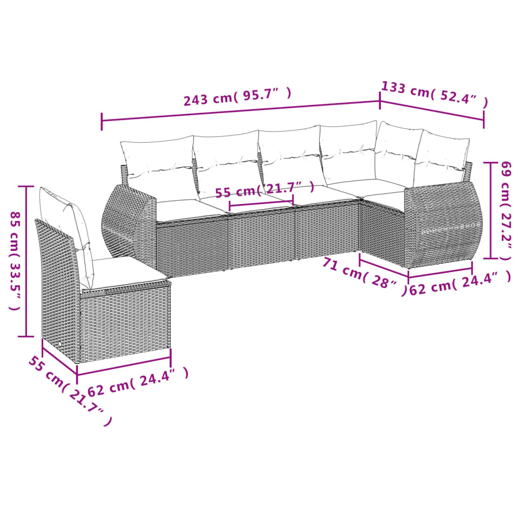 6-tlg. Garten-Sofagarnitur mit Kissen Hellgrau Poly Rattan