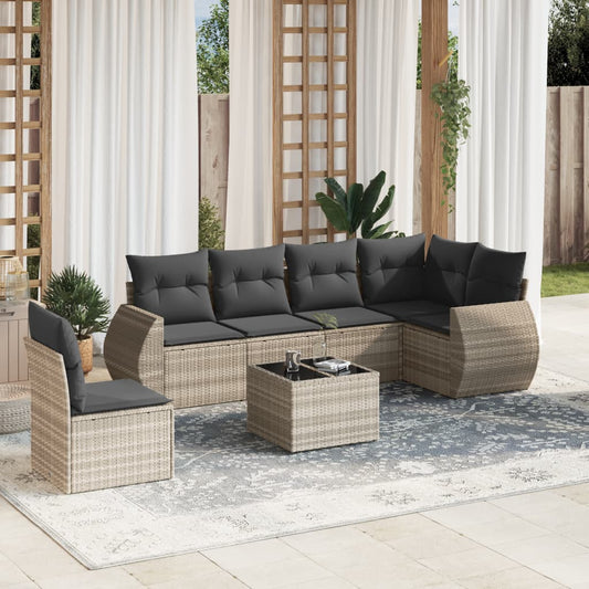 7-tlg. Garten-Sofagarnitur mit Kissen Hellgrau Poly Rattan