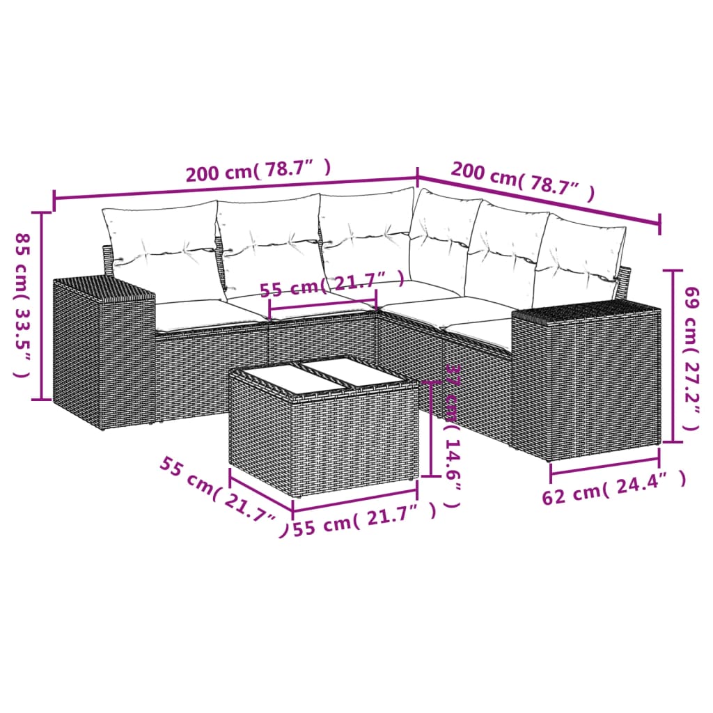 6-tlg. Garten-Sofagarnitur mit Kissen Hellgrau Poly Rattan