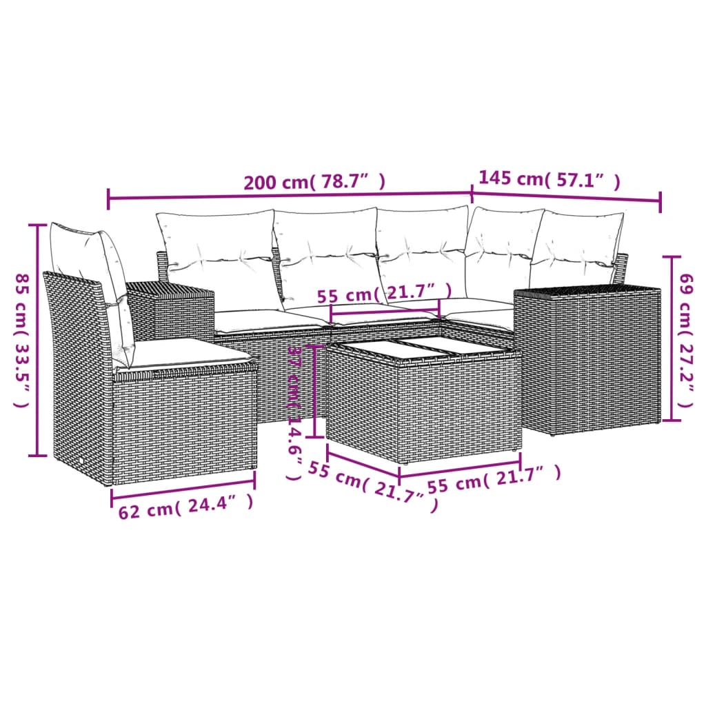 6-tlg. Garten-Sofagarnitur mit Kissen Hellgrau Poly Rattan