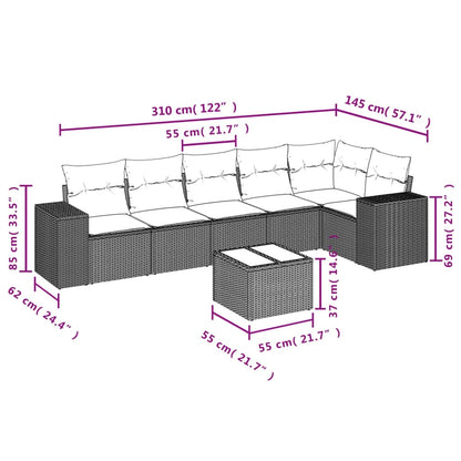 7-tlg. Garten-Sofagarnitur mit Kissen Hellgrau Poly Rattan