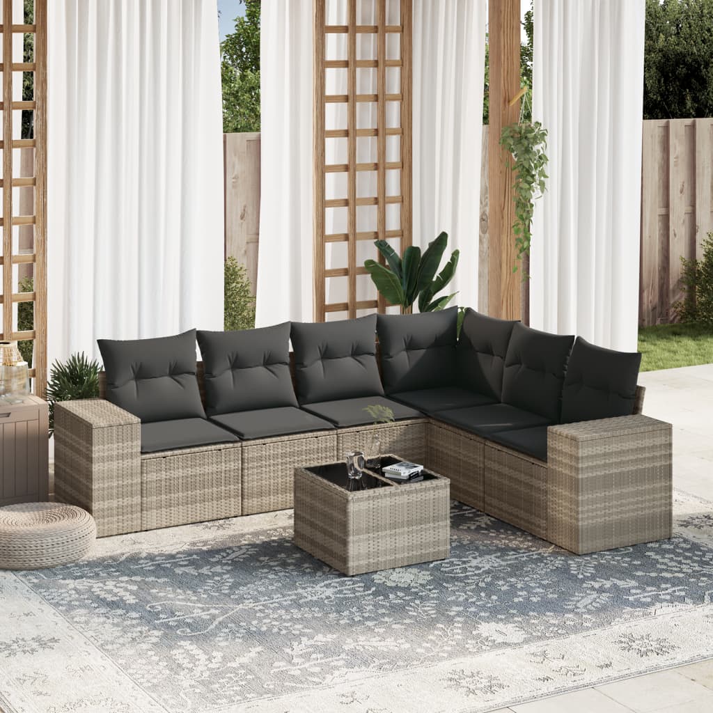 7-tlg. Garten-Sofagarnitur mit Kissen Hellgrau Poly Rattan