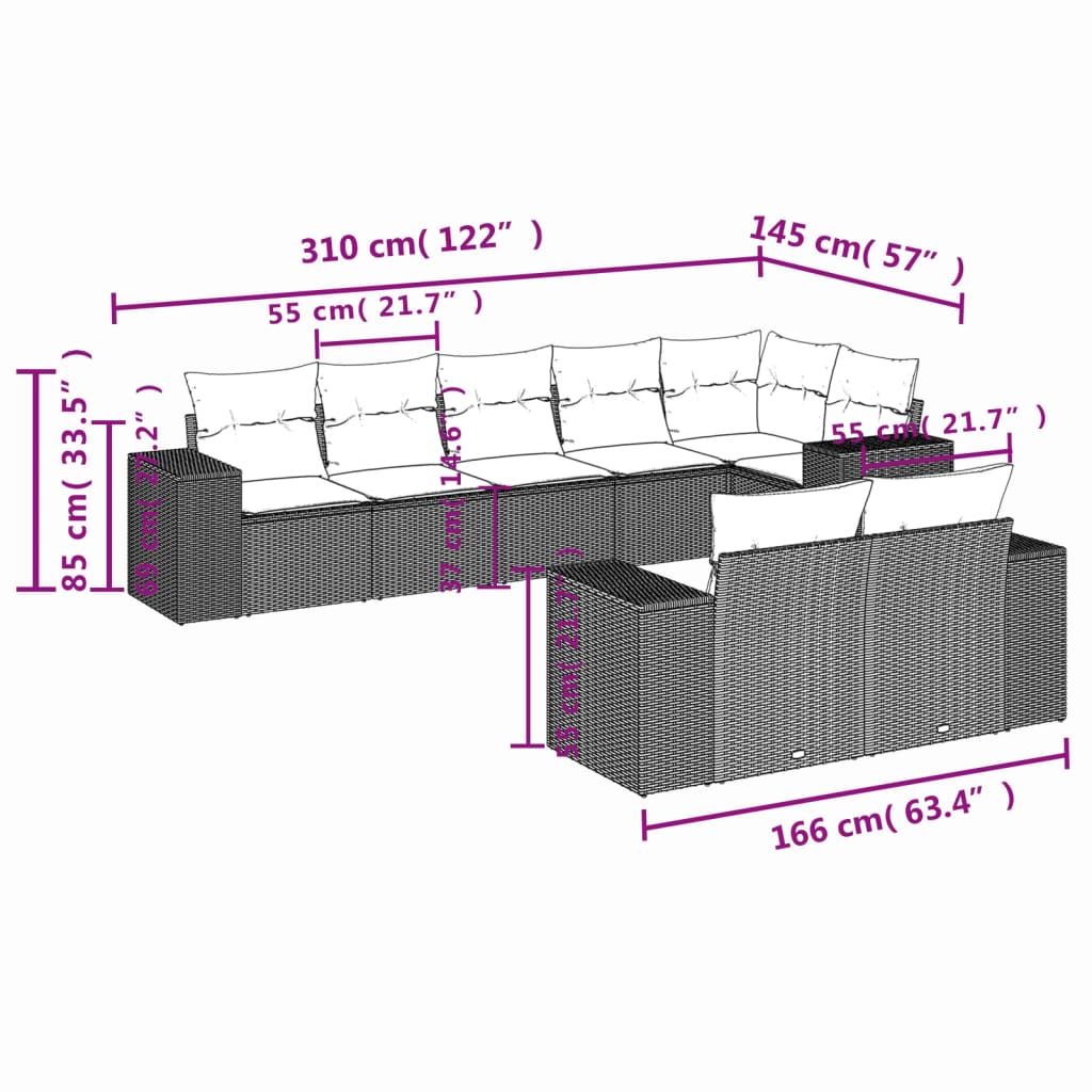 8-tlg. Garten-Sofagarnitur mit Kissen Hellgrau Poly Rattan