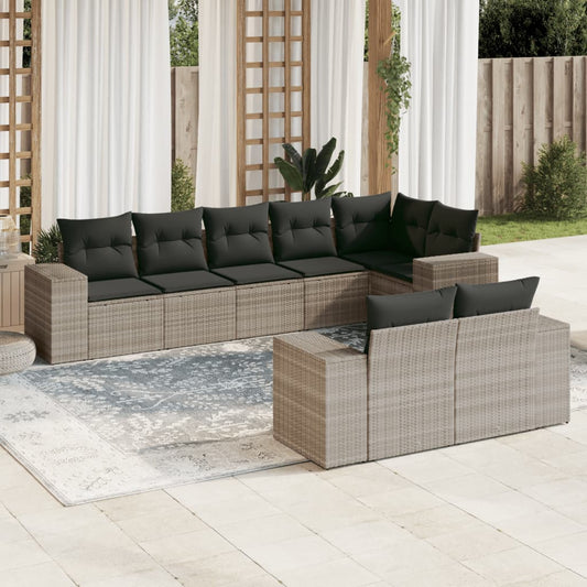 8-tlg. Garten-Sofagarnitur mit Kissen Hellgrau Poly Rattan