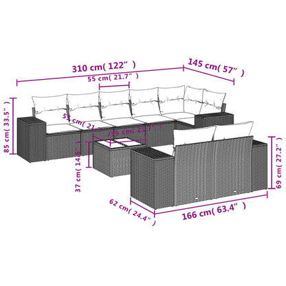 9-tlg. Garten-Sofagarnitur mit Kissen Hellgrau Poly Rattan