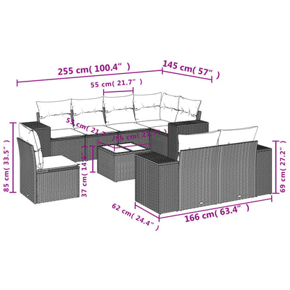 9-tlg. Garten-Sofagarnitur mit Kissen Hellgrau Poly Rattan