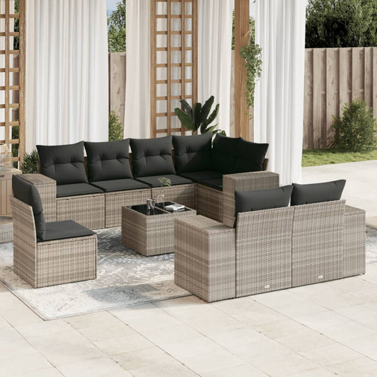 9-tlg. Garten-Sofagarnitur mit Kissen Hellgrau Poly Rattan