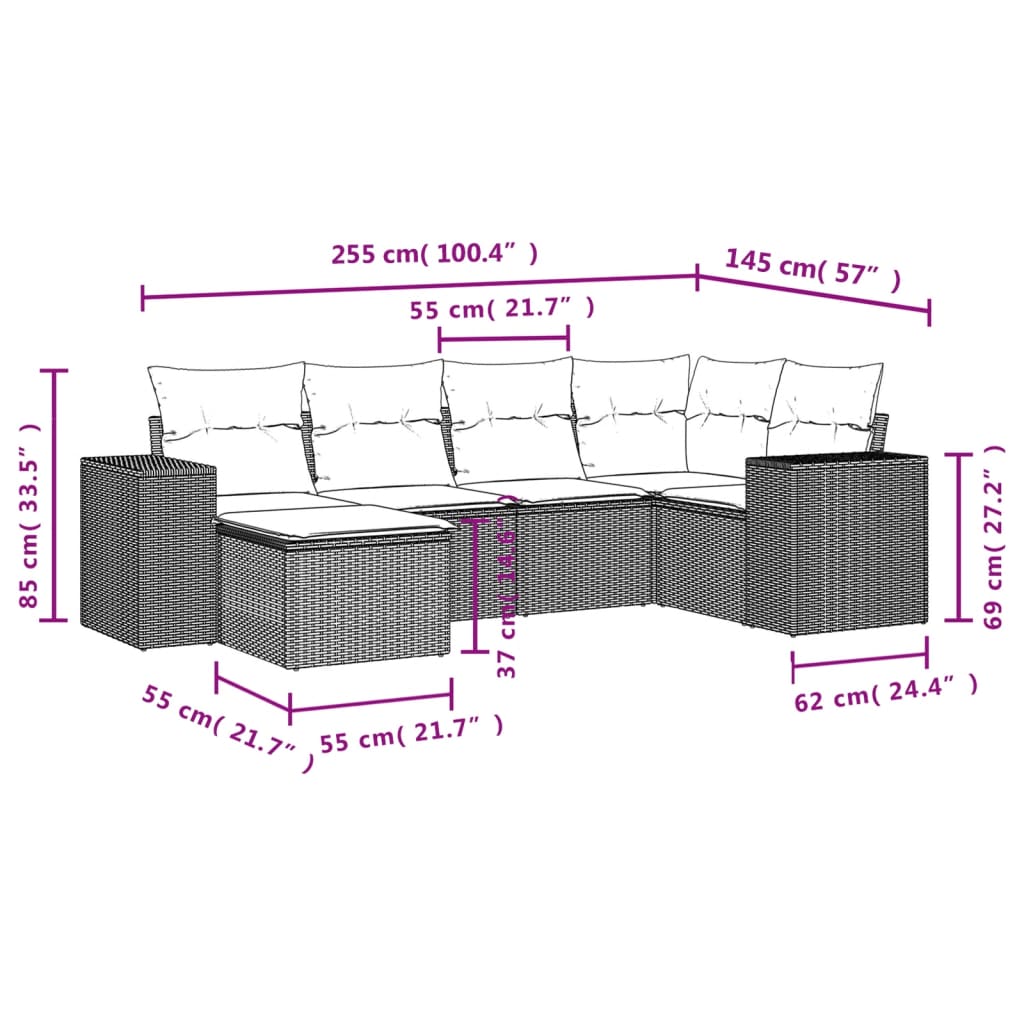 6-tlg. Garten-Sofagarnitur mit Kissen Hellgrau Poly Rattan