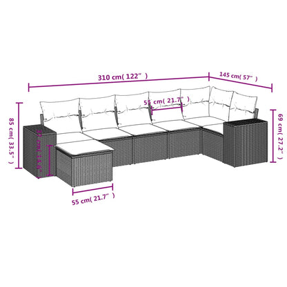 7-tlg. Garten-Sofagarnitur mit Kissen Hellgrau Poly Rattan