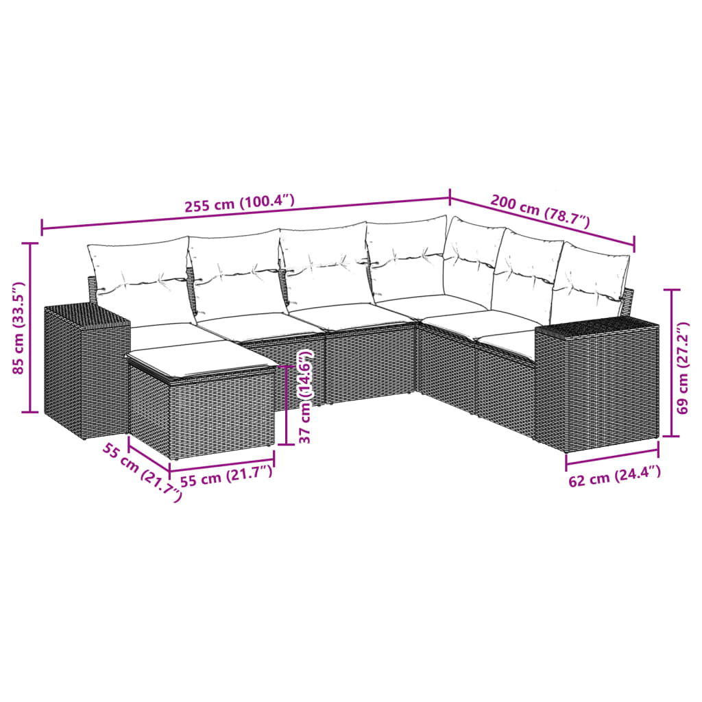 7-tlg. Garten-Sofagarnitur mit Kissen Hellgrau Poly Rattan