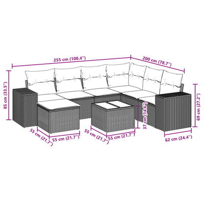 8-tlg. Garten-Sofagarnitur mit Kissen Hellgrau Poly Rattan