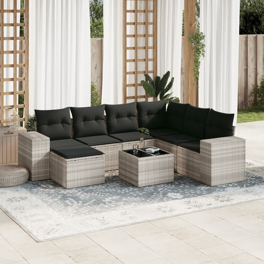 8-tlg. Garten-Sofagarnitur mit Kissen Hellgrau Poly Rattan