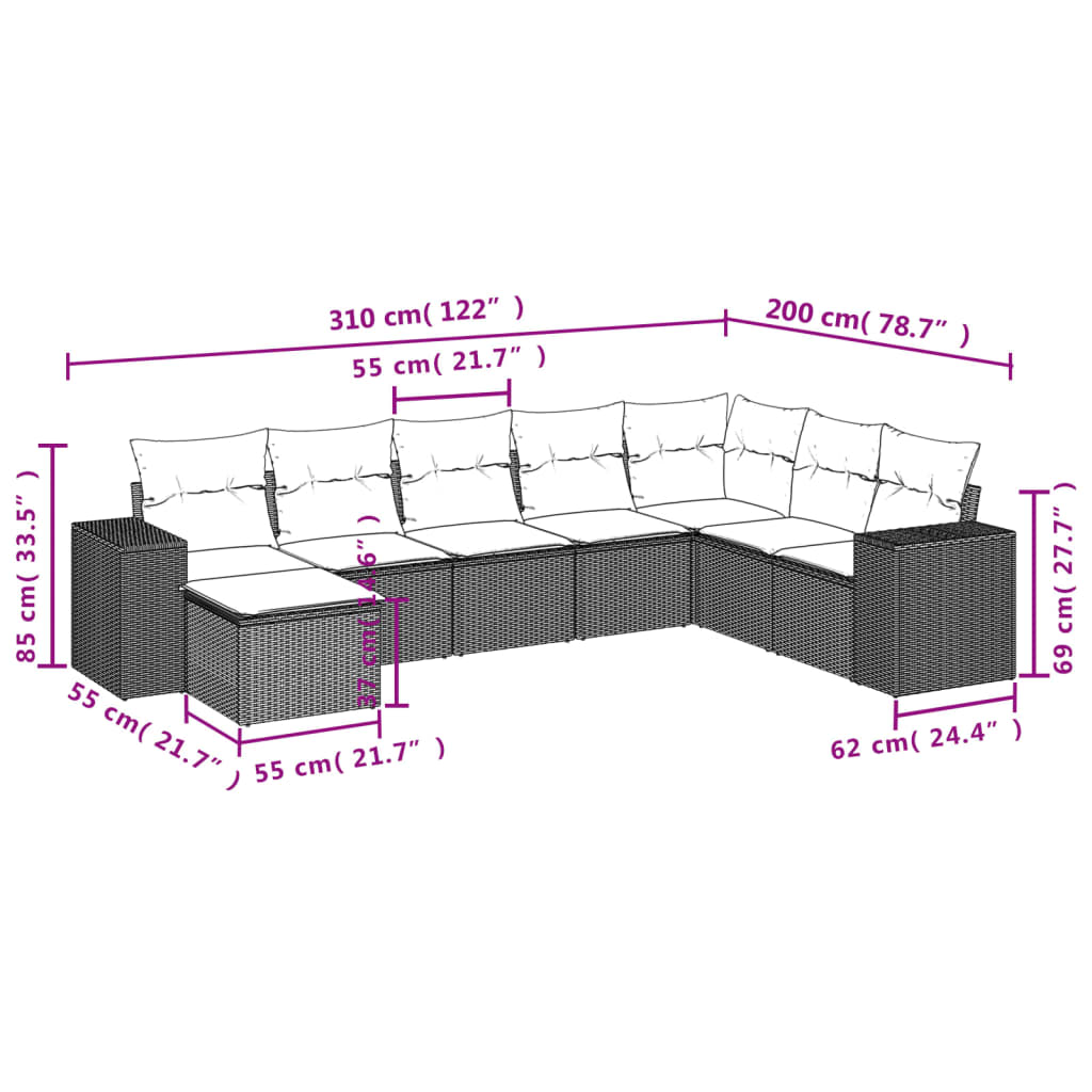 8-tlg. Garten-Sofagarnitur mit Kissen Hellgrau Poly Rattan