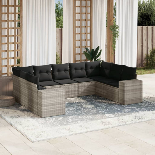 9-tlg. Garten-Sofagarnitur mit Kissen Hellgrau Poly Rattan