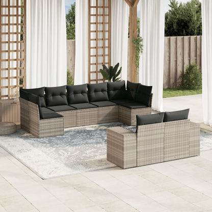 9-tlg. Garten-Sofagarnitur mit Kissen Hellgrau Poly Rattan