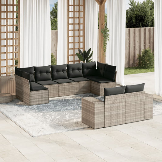 9-tlg. Garten-Sofagarnitur mit Kissen Hellgrau Poly Rattan