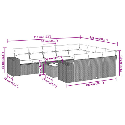 11-tlg. Garten-Sofagarnitur mit Kissen Hellgrau Poly Rattan