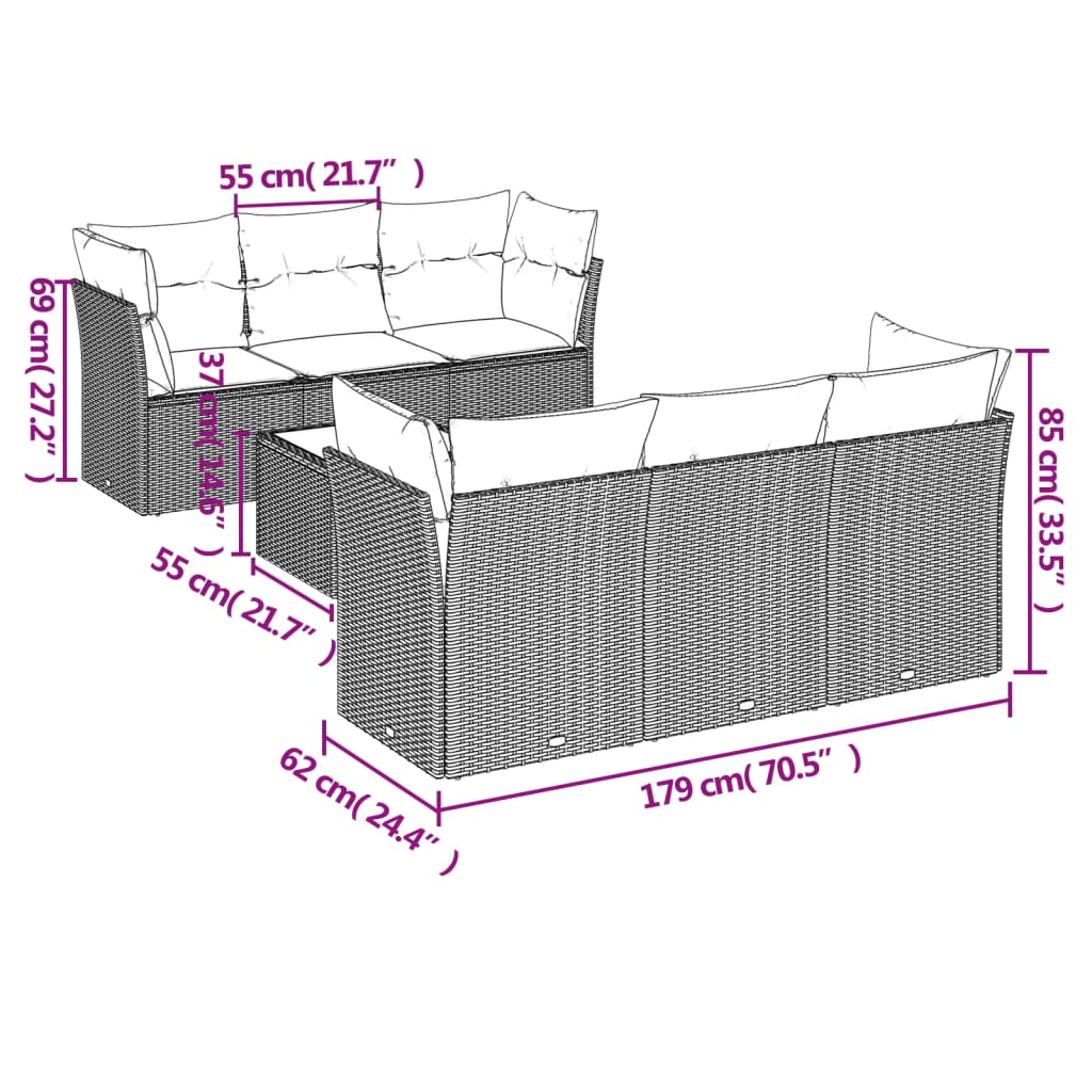 7-tlg. Garten-Sofagarnitur mit Kissen Hellgrau Poly Rattan