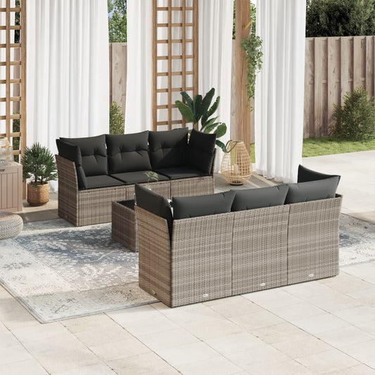 7-tlg. Garten-Sofagarnitur mit Kissen Hellgrau Poly Rattan