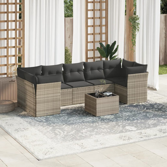 8-tlg. Garten-Sofagarnitur mit Kissen Hellgrau Poly Rattan