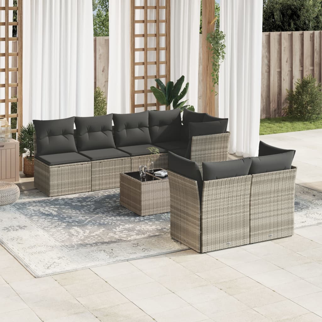 8-tlg. Garten-Sofagarnitur mit Kissen Hellgrau Poly Rattan