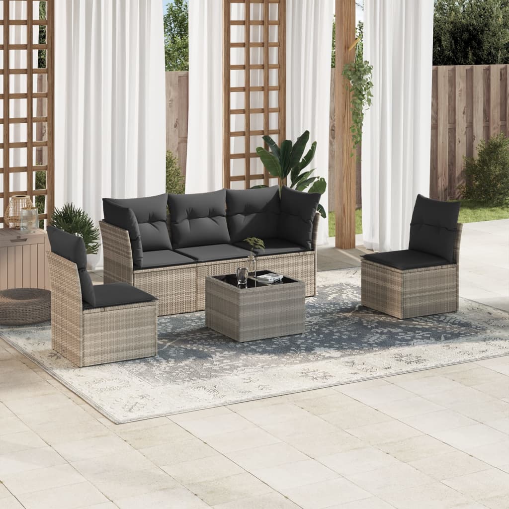 6-tlg. Garten-Sofagarnitur mit Kissen Hellgrau Poly Rattan