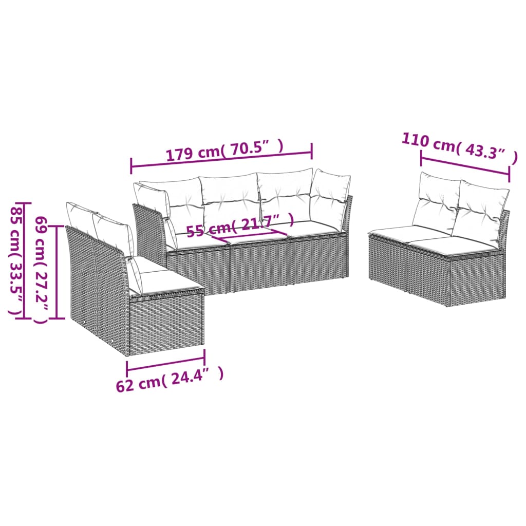 7-tlg. Garten-Sofagarnitur mit Kissen Hellgrau Poly Rattan