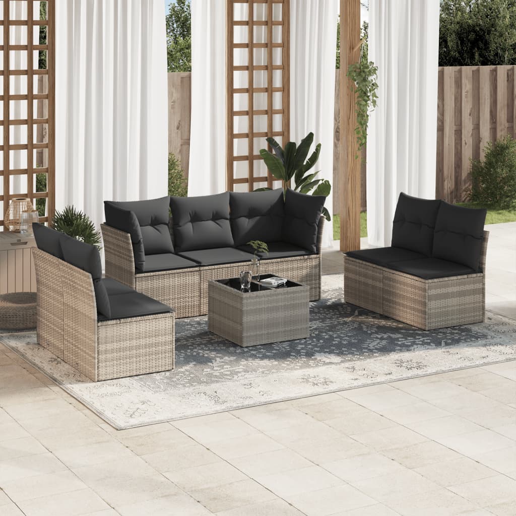 8-tlg. Garten-Sofagarnitur mit Kissen Hellgrau Poly Rattan