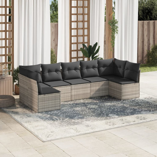 7-tlg. Garten-Sofagarnitur mit Kissen Hellgrau Poly Rattan