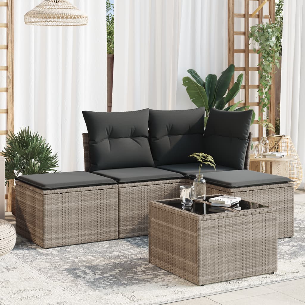 5-tlg. Garten-Sofagarnitur mit Kissen Hellgrau Poly Rattan