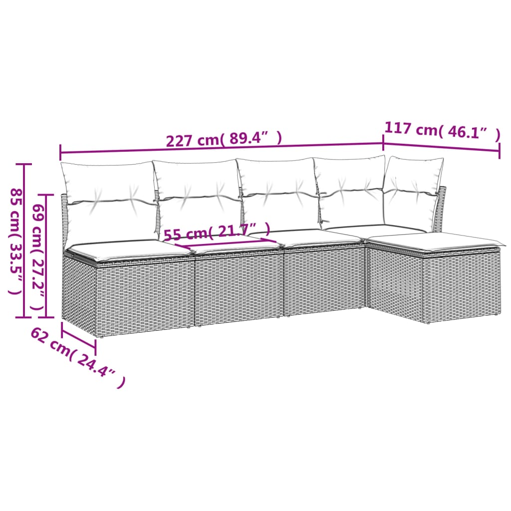 5-tlg. Garten-Sofagarnitur mit Kissen Hellgrau Poly Rattan