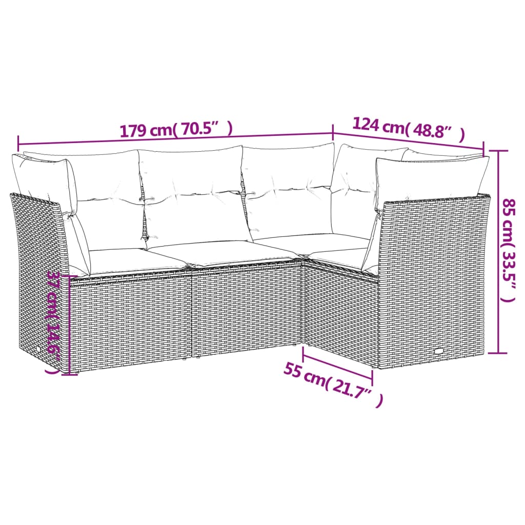 4-tlg. Garten-Sofagarnitur mit Kissen Hellgrau Poly Rattan