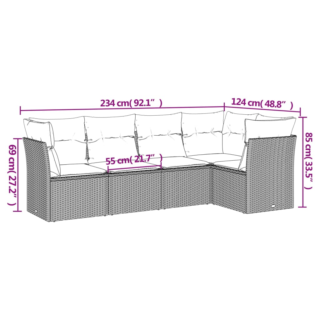 5-tlg. Garten-Sofagarnitur mit Kissen Hellgrau Poly Rattan