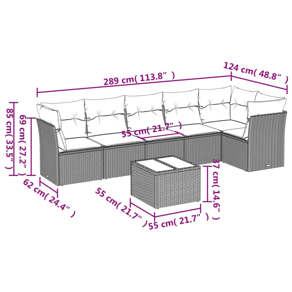 7-tlg. Garten-Sofagarnitur mit Kissen Hellgrau Poly Rattan